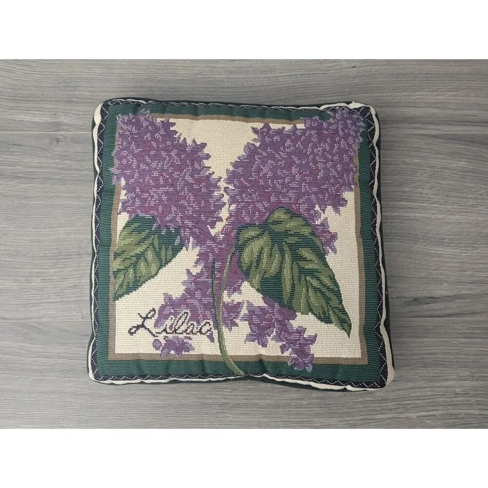 VTG Floral Tapestry Throw Pillow Purple Lilac Green Leaves Script Lettering
